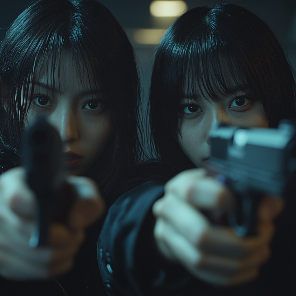 Two Japanese women pointing guns