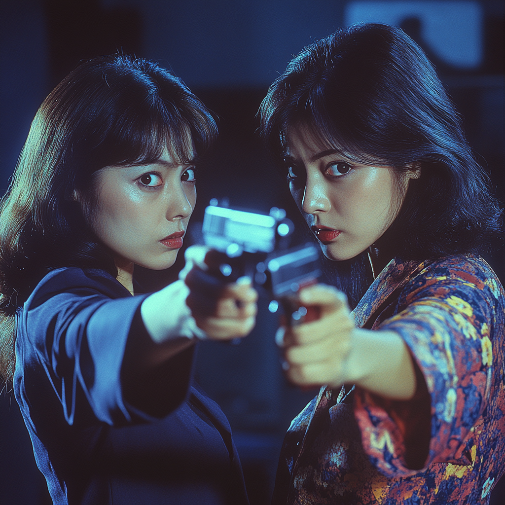 Two Japanese women pointing guns