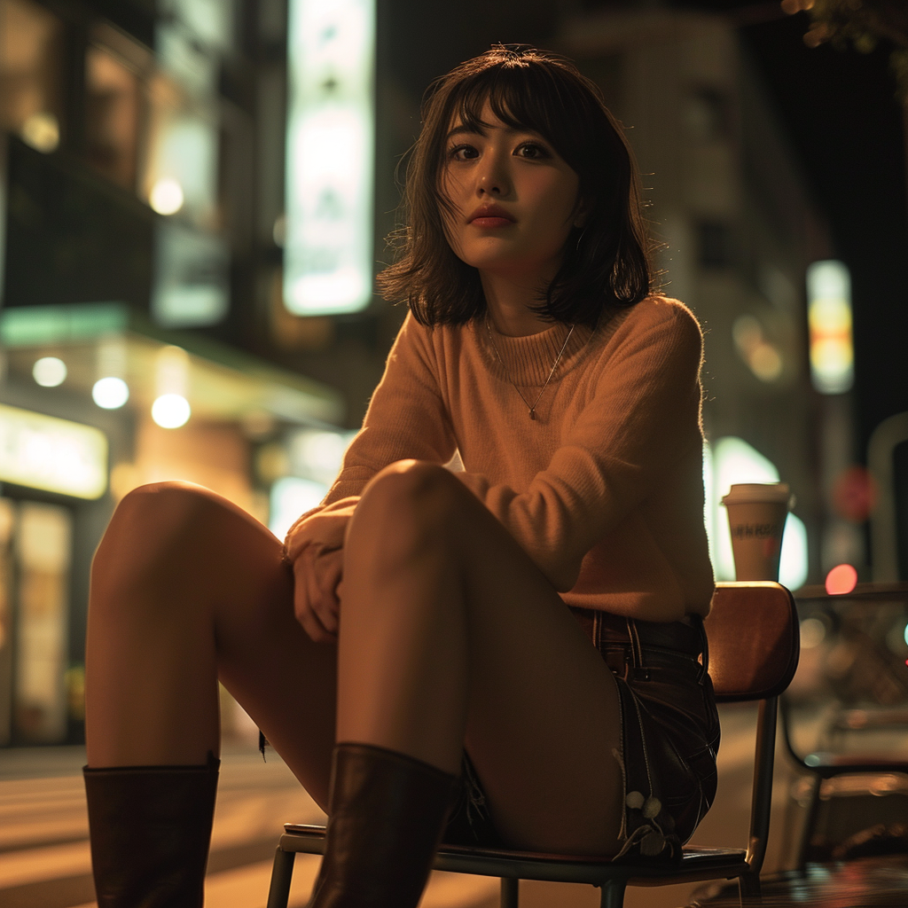 Japanese woman sitting on chair smiling legs