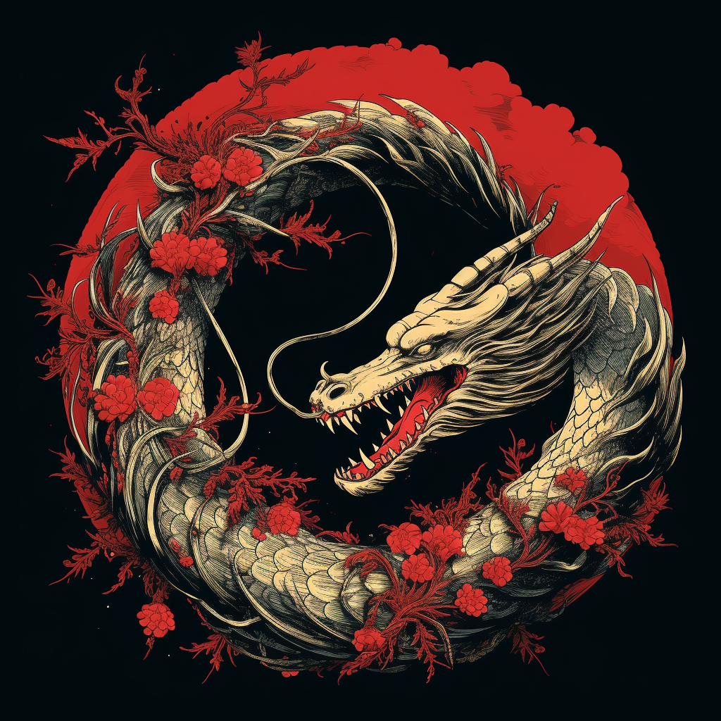 Japanese dragon circling and eating its tail