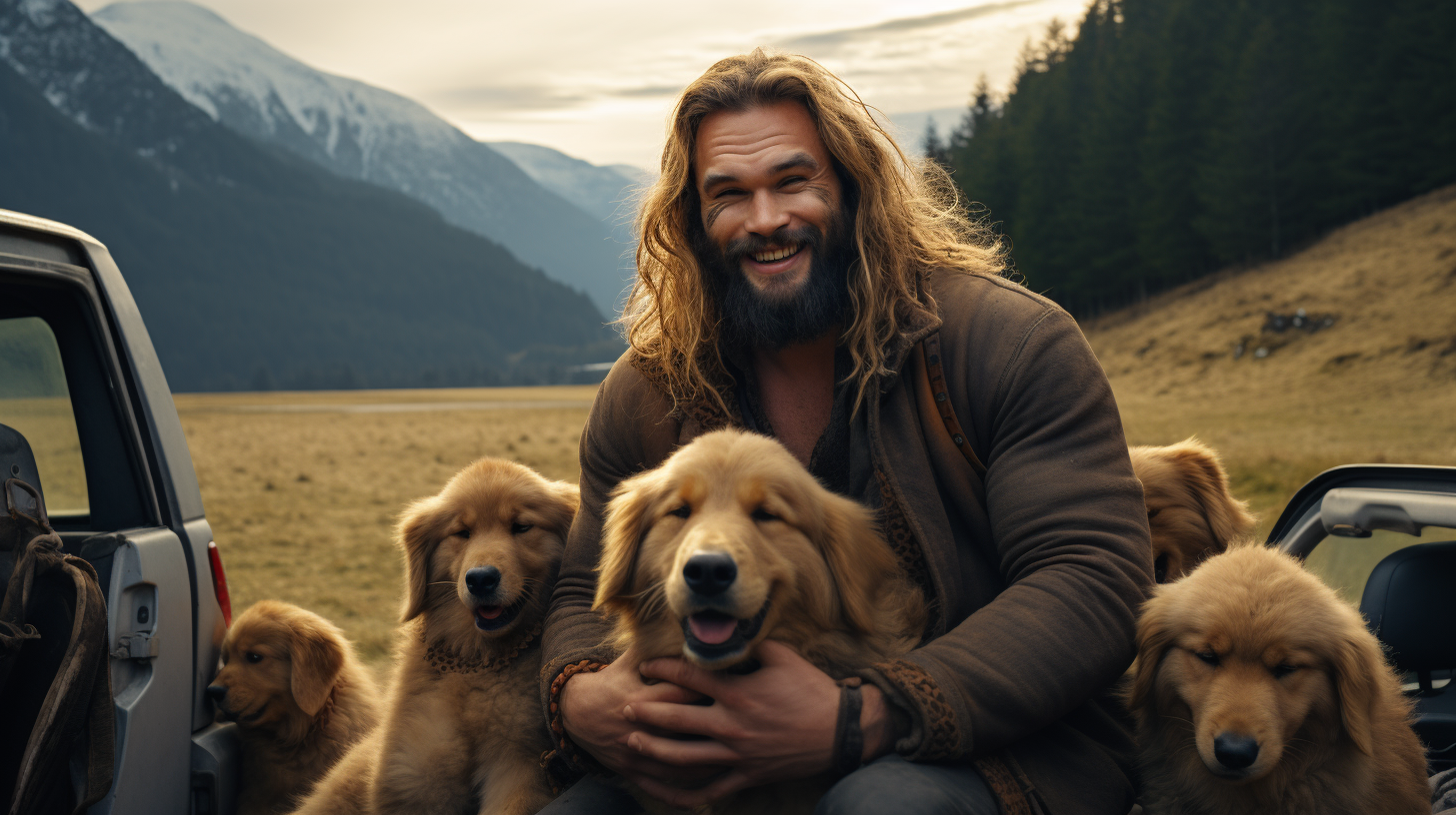 Happy Jason Momoa with Golden Retriever Puppies