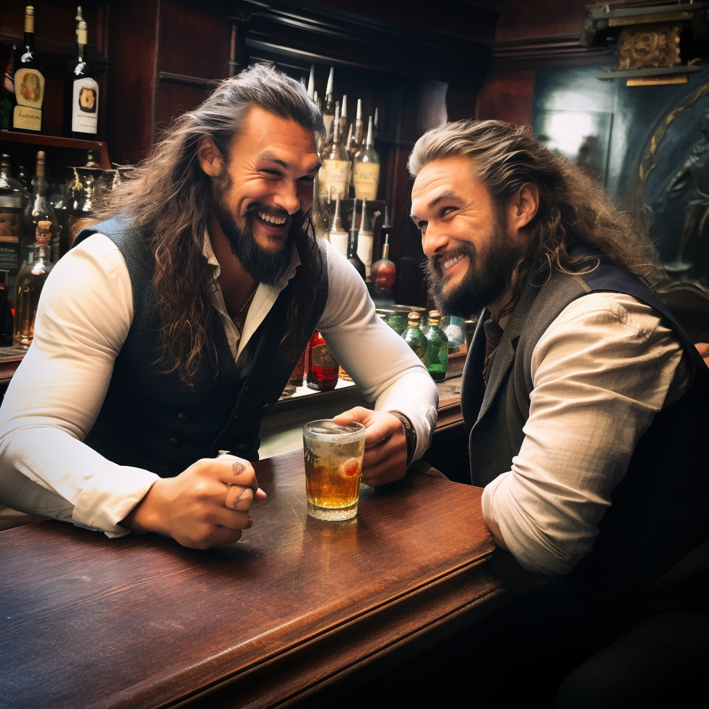 Jason Momoa and King Charles III laughing at the bar