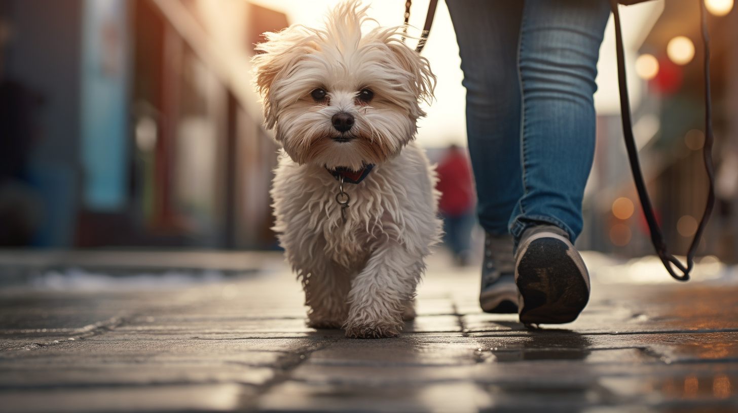 Jason Laflore walking a Maltipoo down the street