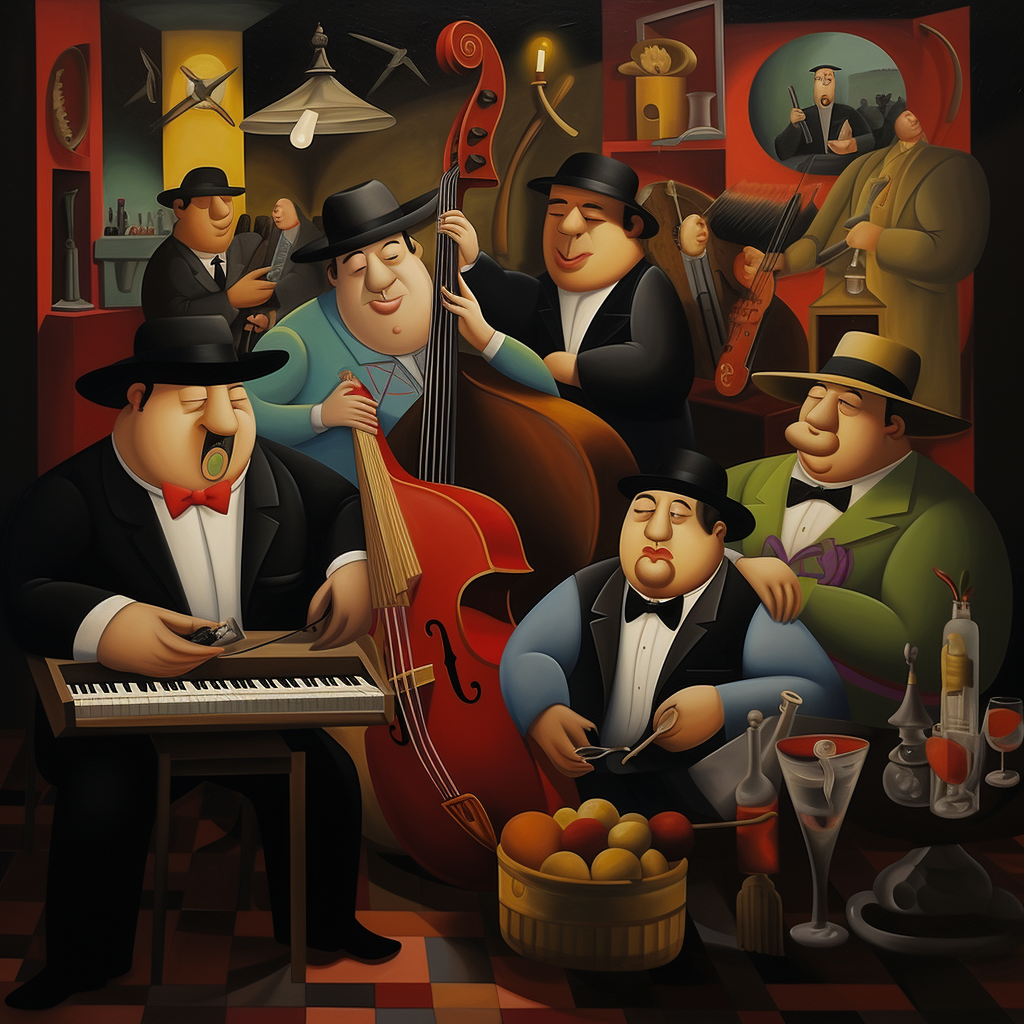 Colorful jazz bar painting by Fernando Botero