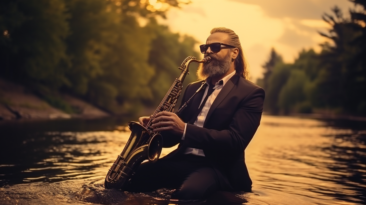 Jazz saxophonist on raft