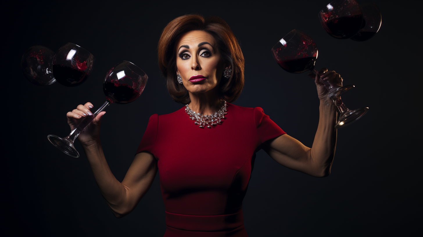 Jeanine Pirro juggling red wine glasses