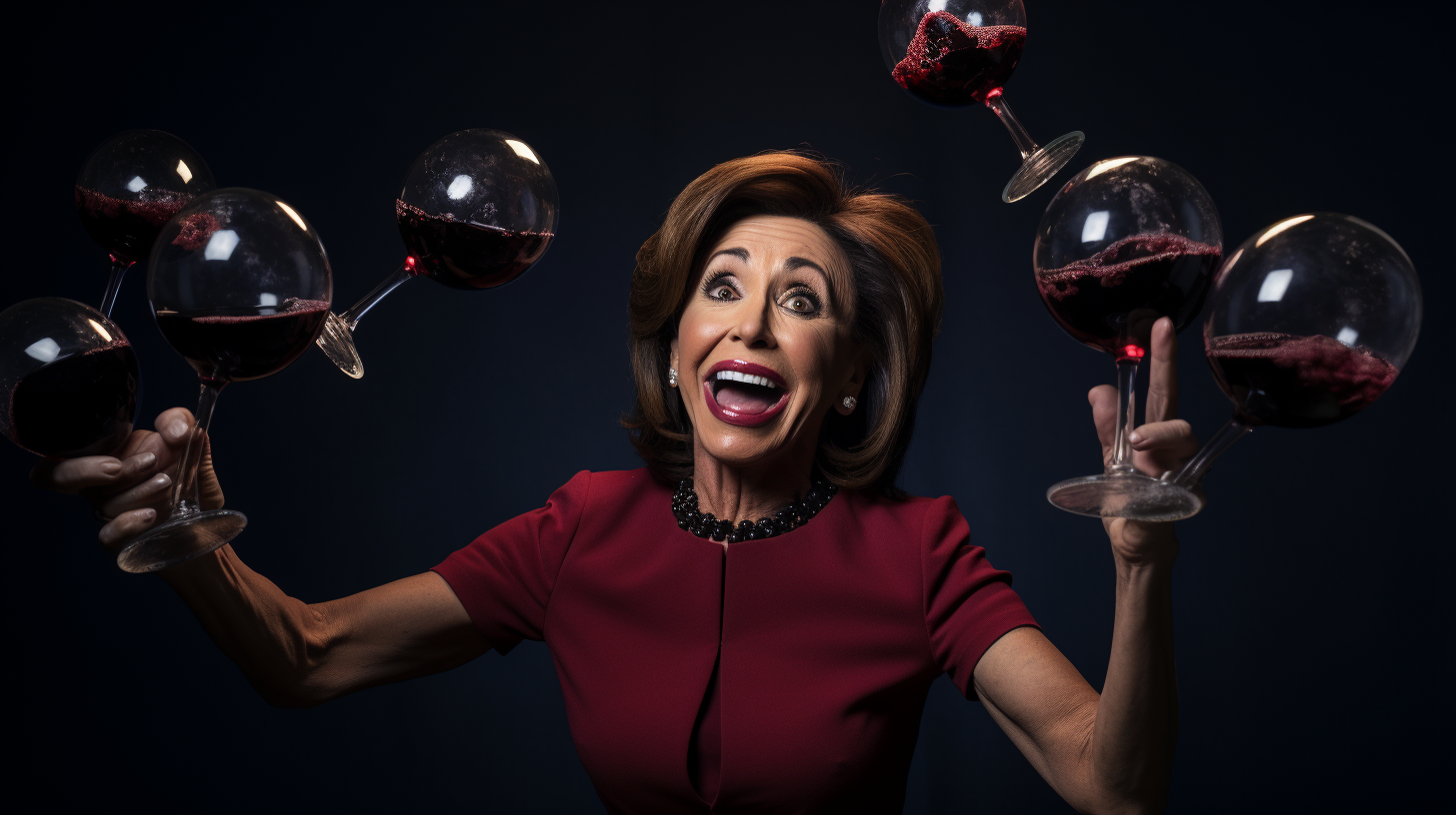 Jeanine Pirro juggling glasses of red wine