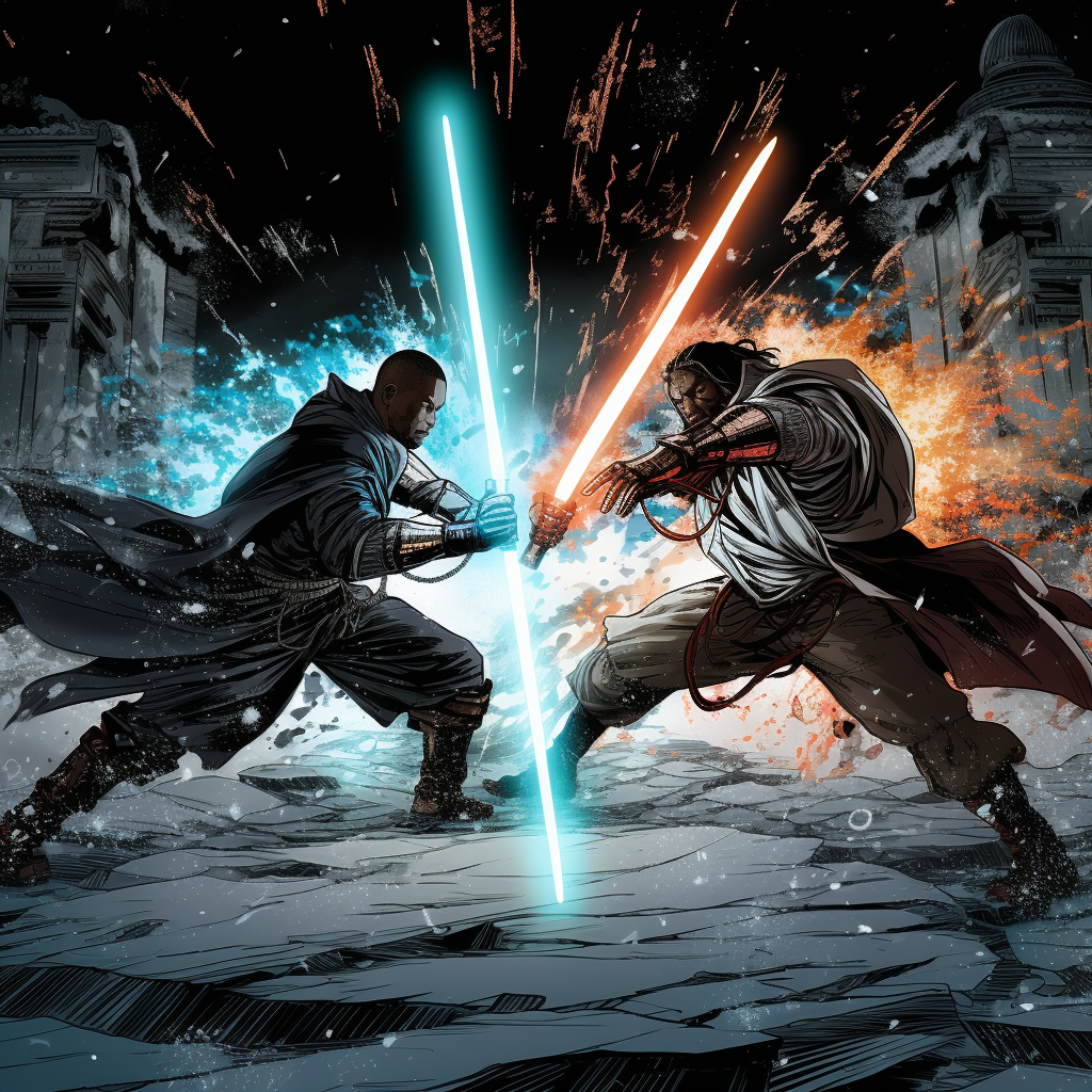 Extreme close-up of Jedi warriors dueling