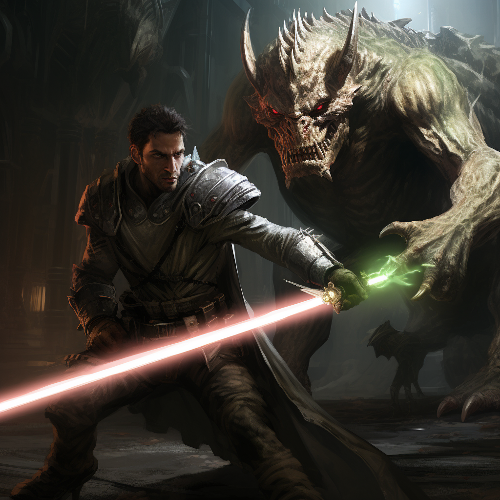 Jedi fighting Deathclaw with Light Saber