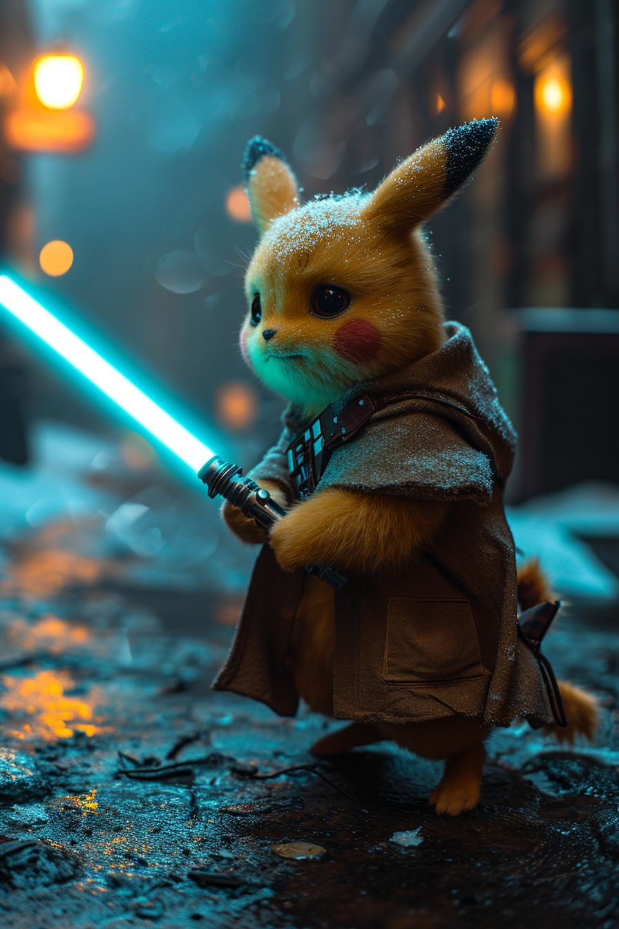 Jedi Pikachu with a glowing lightsaber