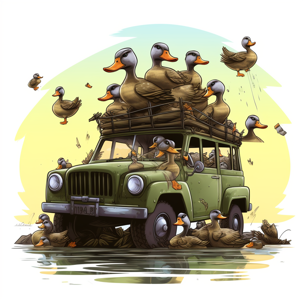 Illustration of Jeep and ducks amidst nature