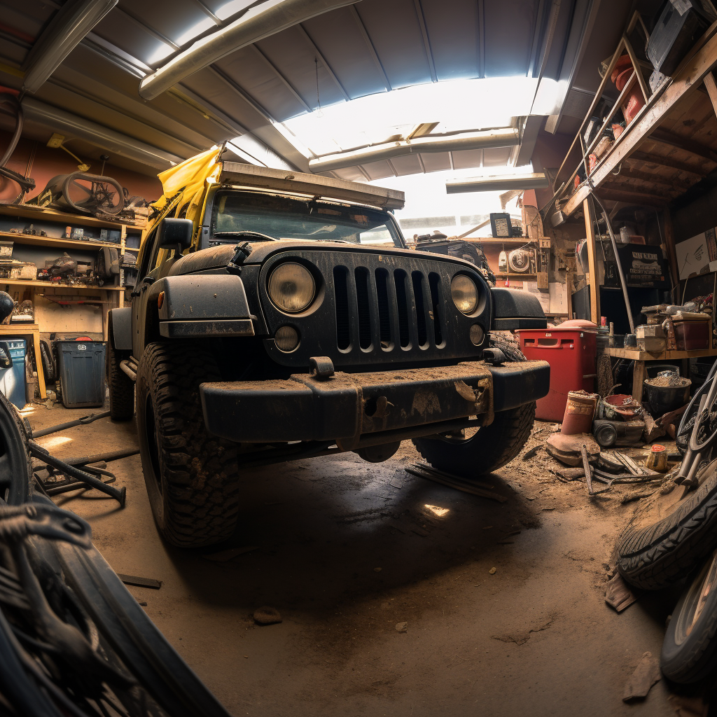 Jeep in garage with sunglasses on windshield