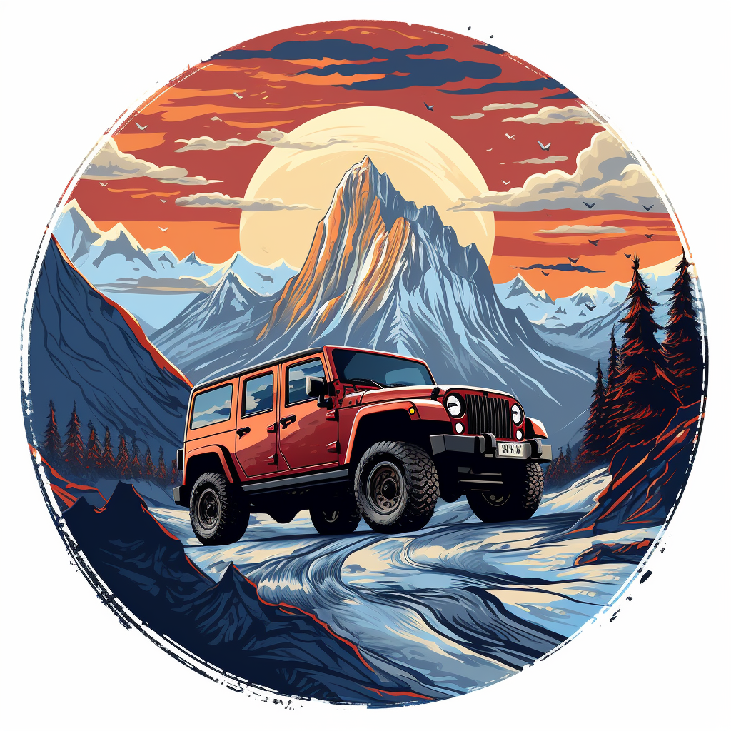 Jeep driving in snowy mountains with circular logo