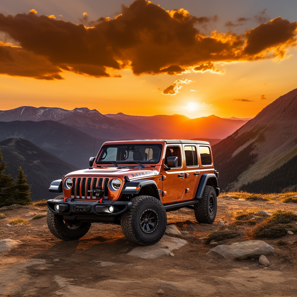 Jeep Wrangler flexed wheel base at sunset