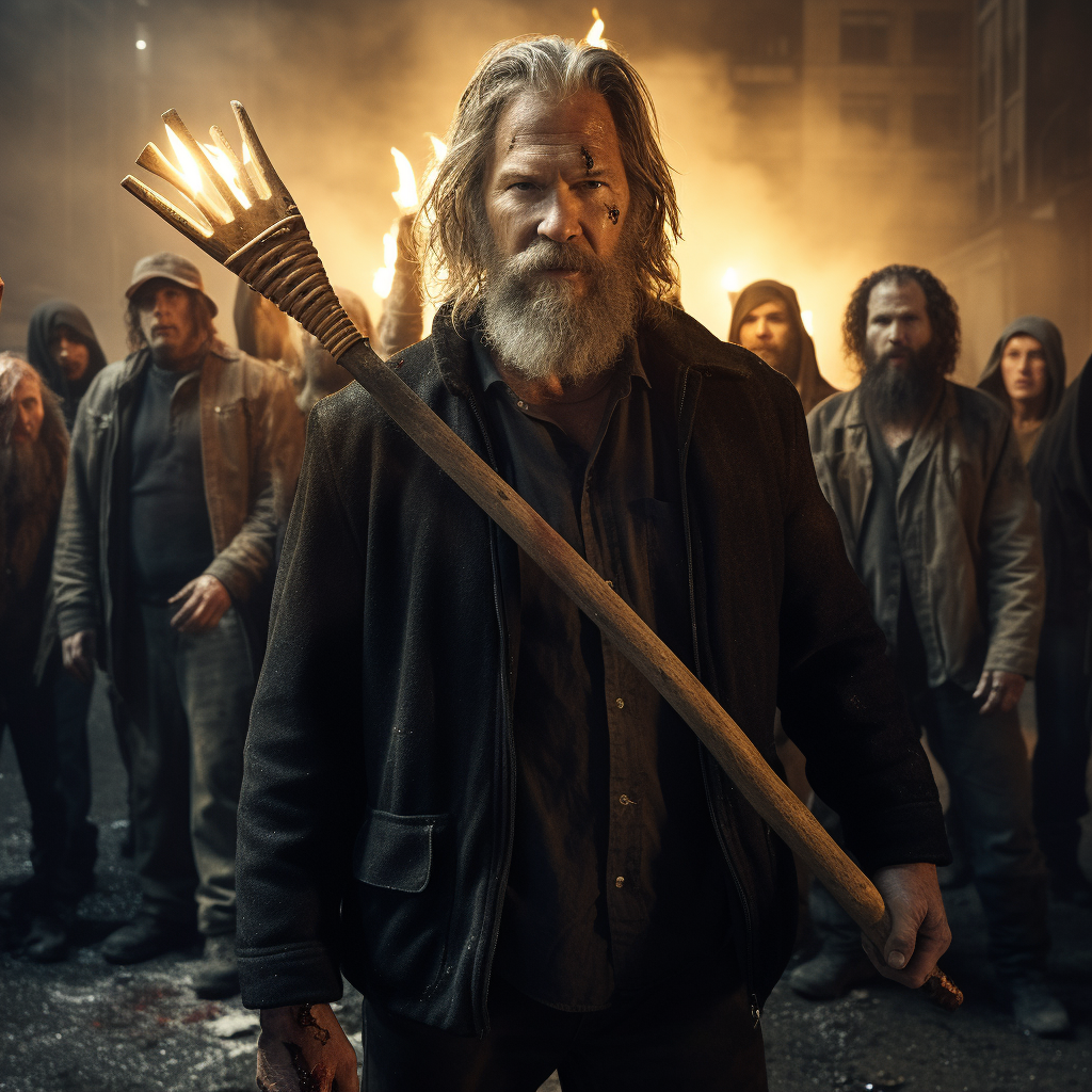 Jeff Bridges battling zombies with a pitchfork