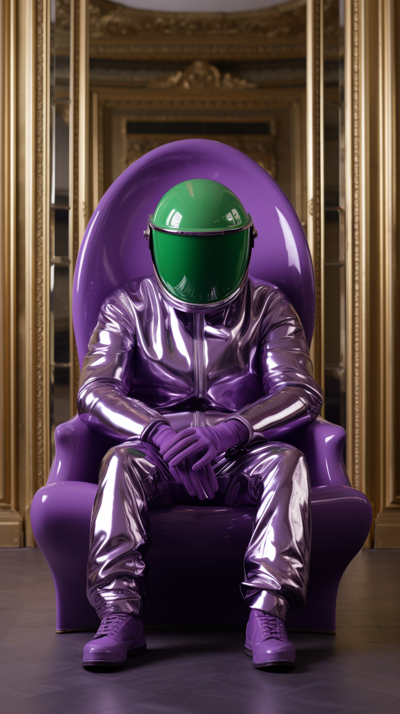 Jeff Koons in Metallic Green Jumpsuit and Aubergine Helmet