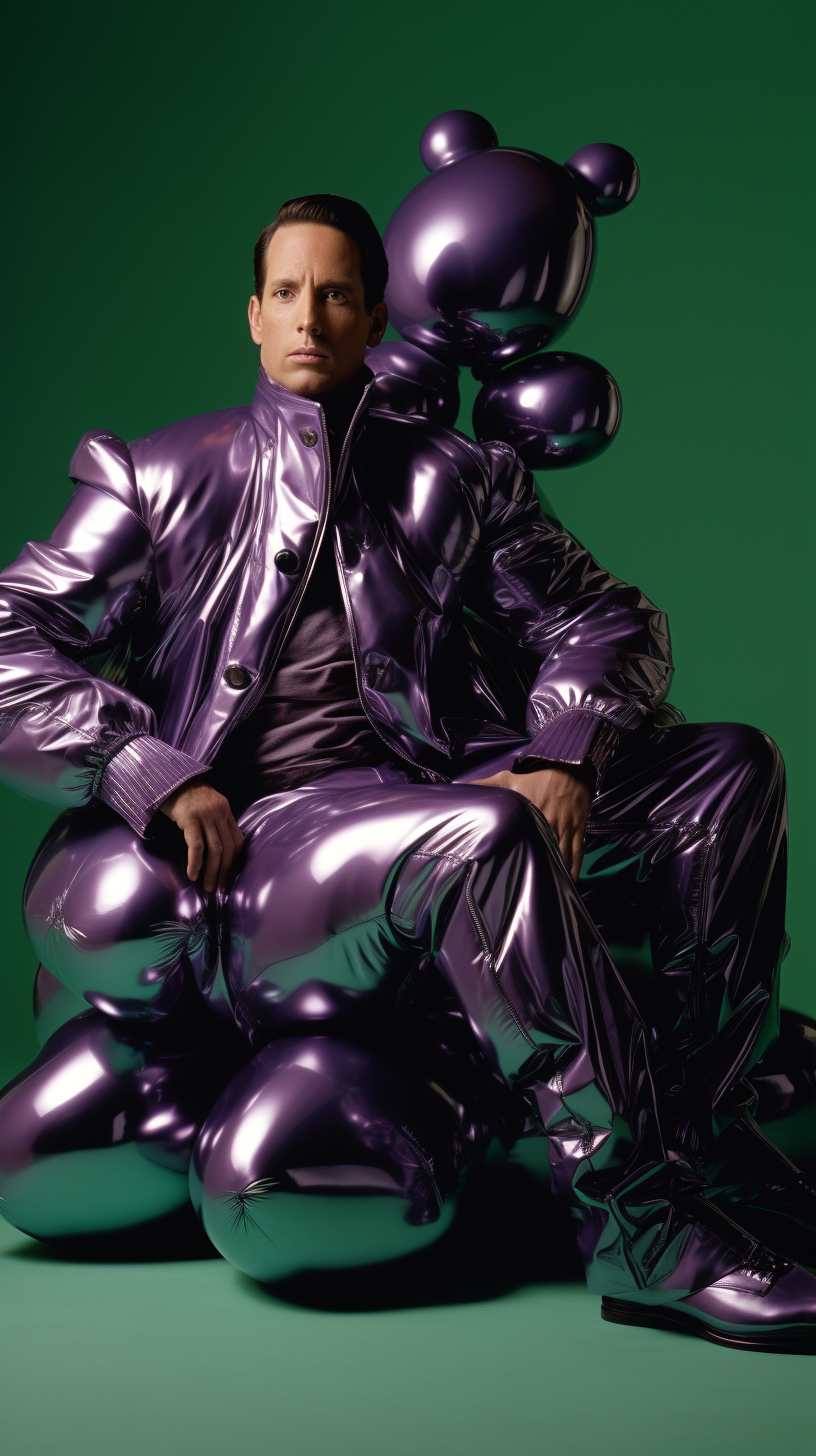 Jeff Koons in Metallic Green Jumpsuit with Balloon Dog