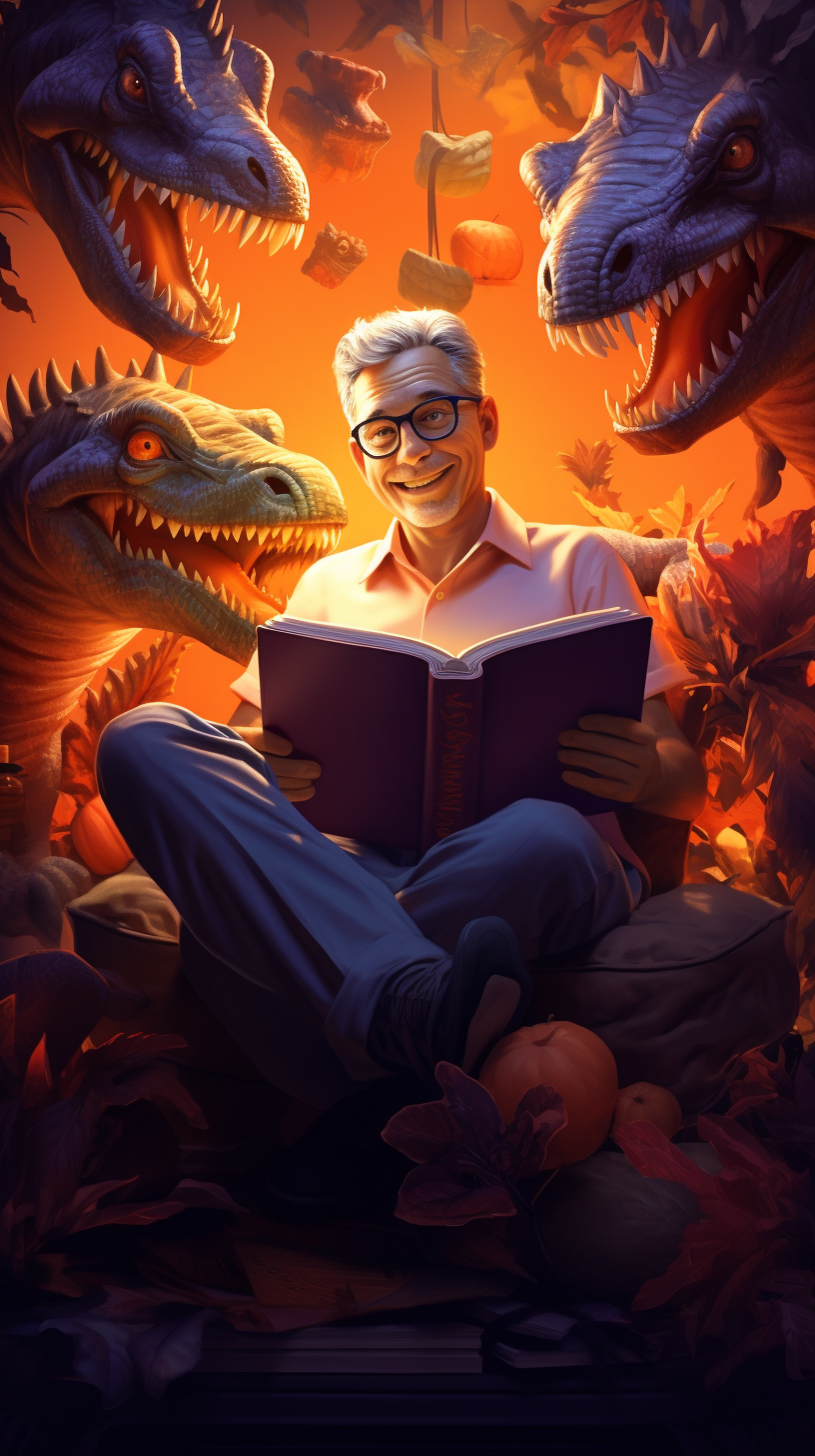 Jeff Goldblum reading with a Dino peeking