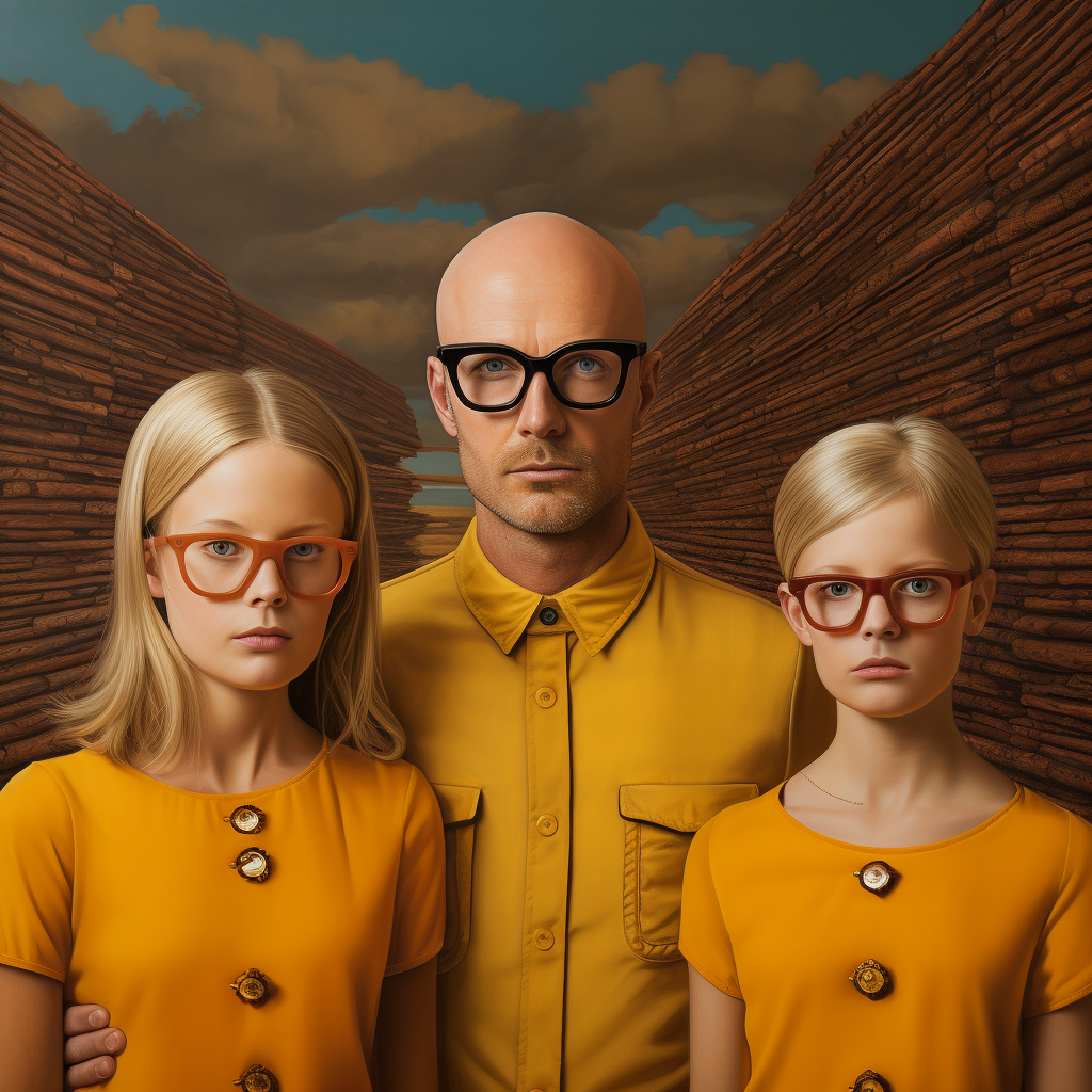 Blonde mother, bald father with glasses, two daughters in surreal setting