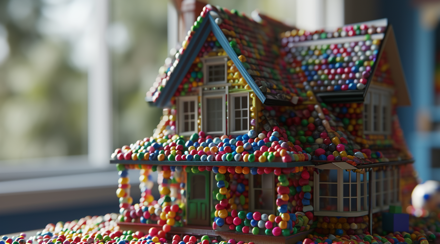 A colorful house made of jelly beans, rubiks cubes, soccer balls, and Sony Playstations