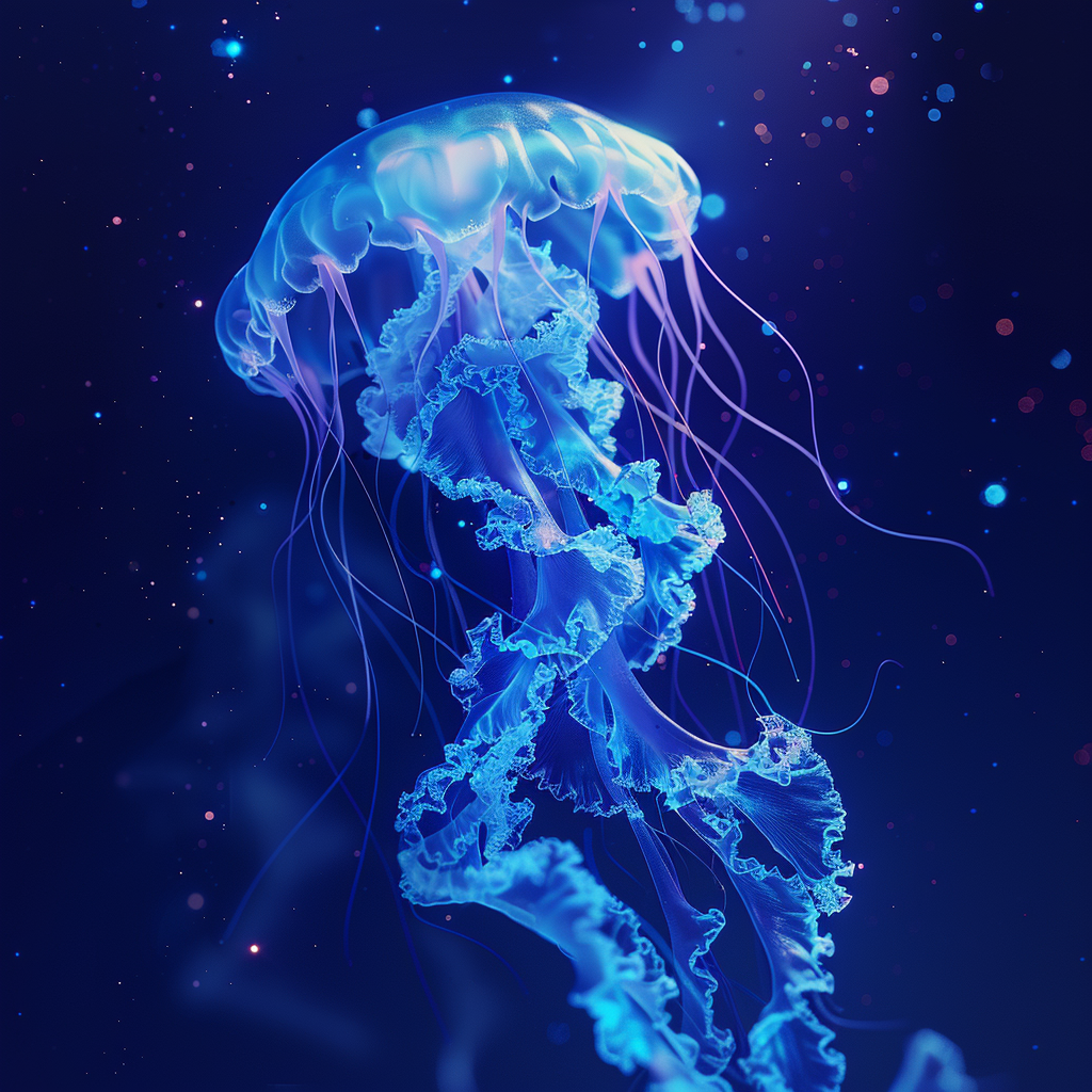 Realistic jellyfish swimming deep blue ocean