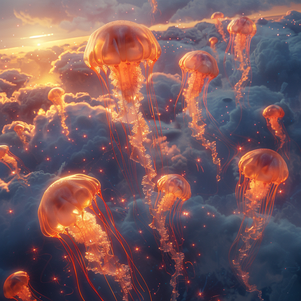 Group of jellyfish above clouds