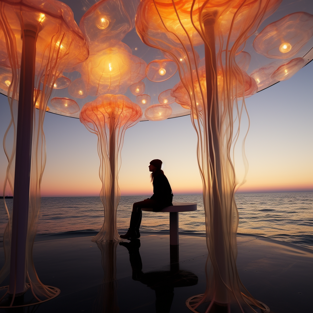 Person inside jellyfish pavilion observing water