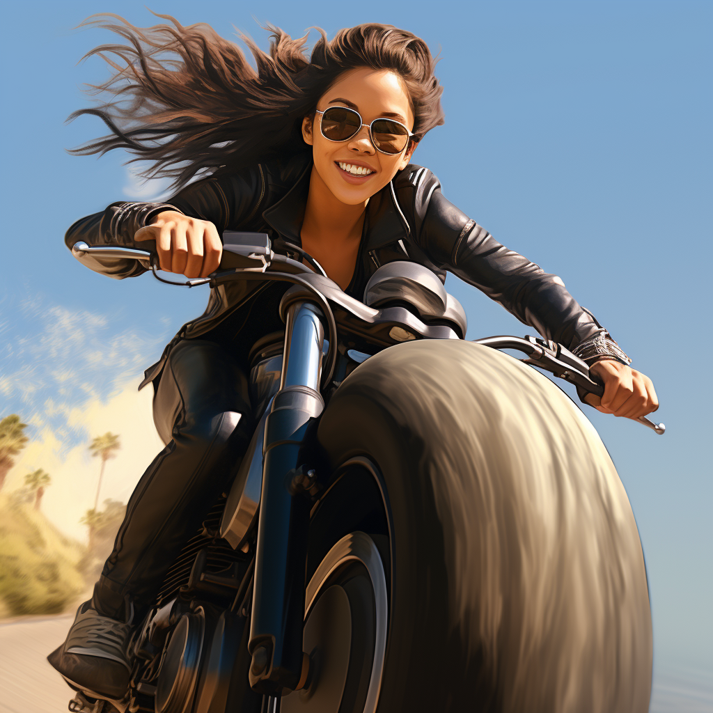 Jenna Ortega riding a big cylinder bike