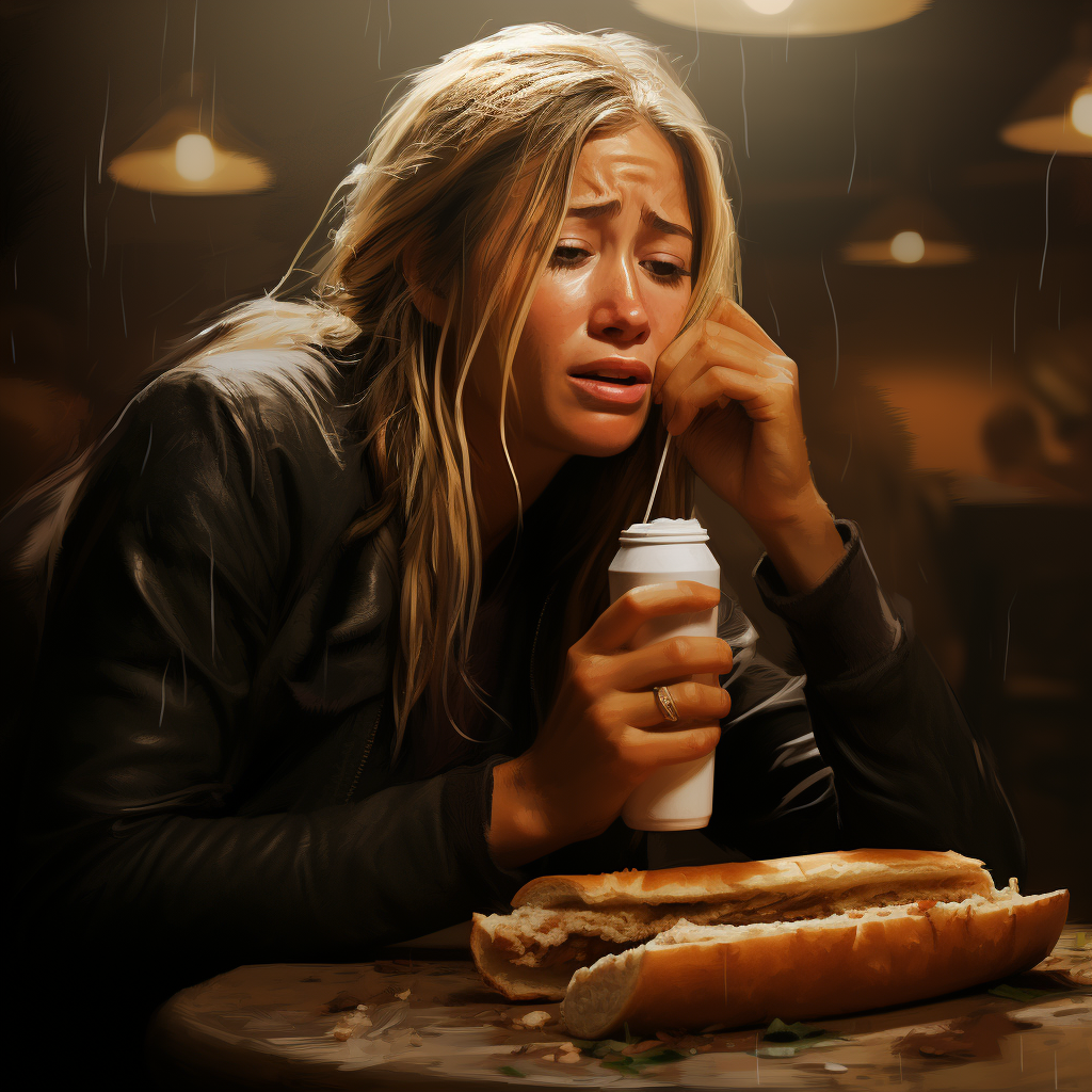 Jennifer Aniston eating hoagie and crying