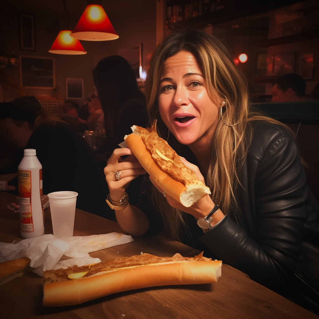 Jennifer Aniston enjoying a delicious cheesesteak