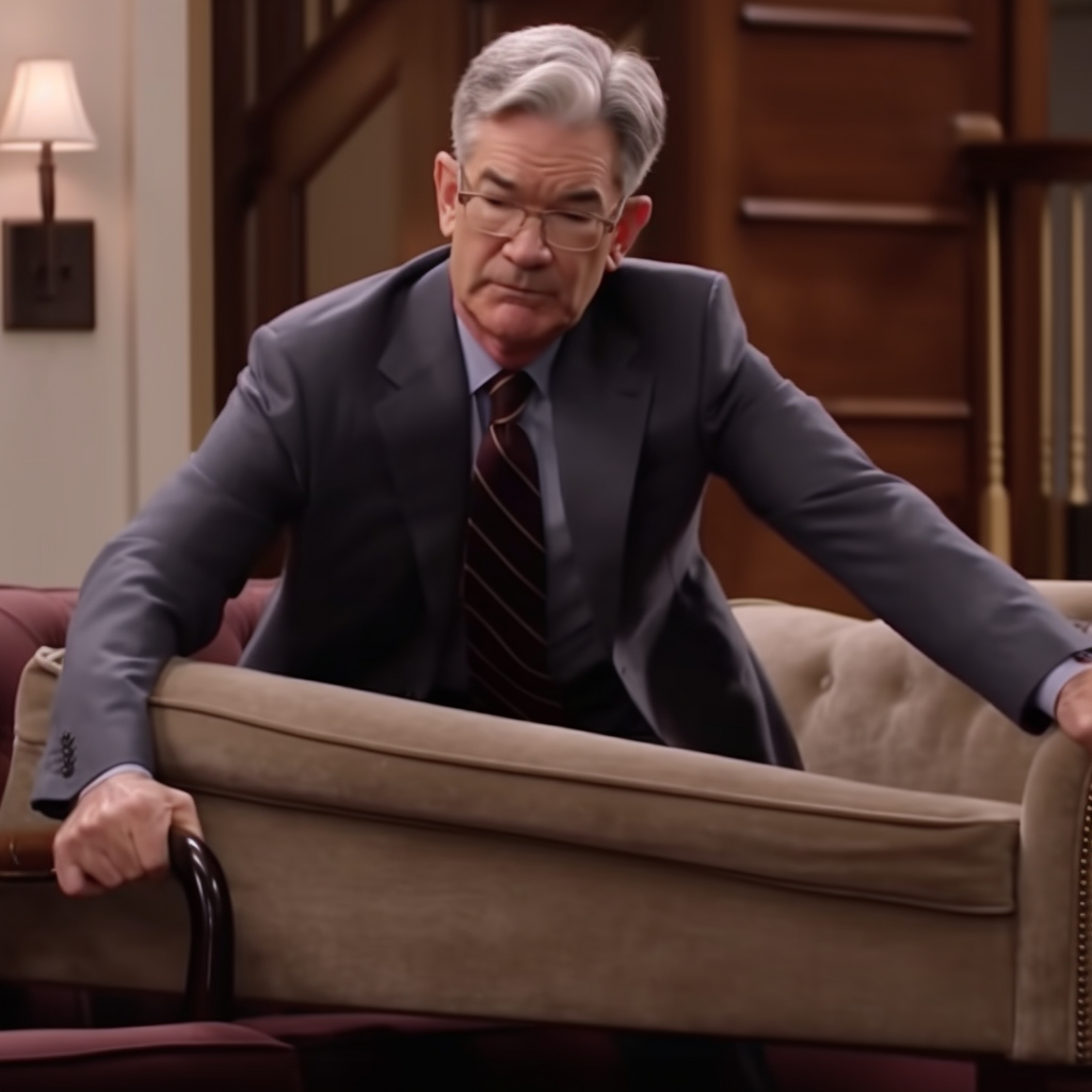 Jerome Powell as Ross from Friends moving a couch