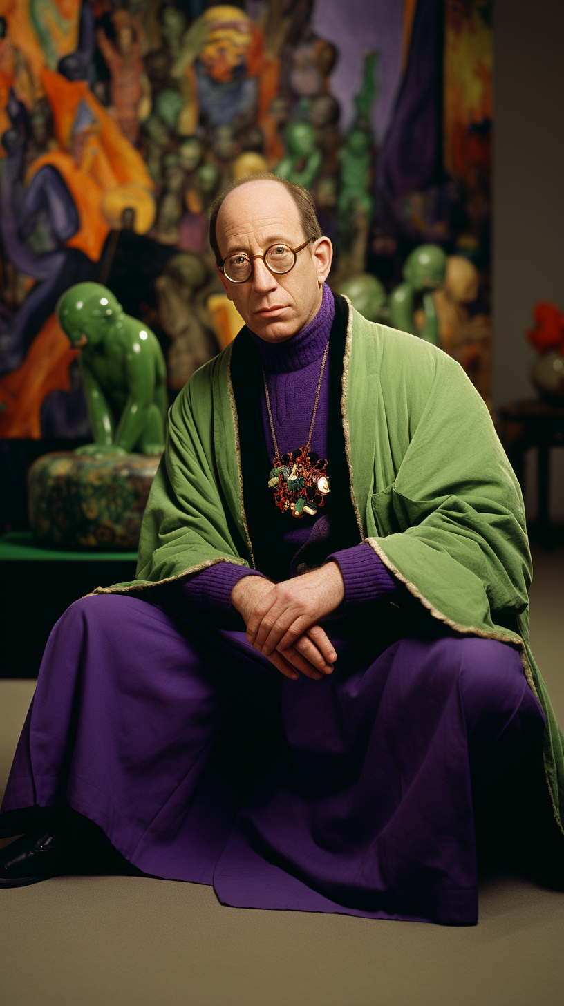 Jerry Saltz holding purple eggplant in art gallery