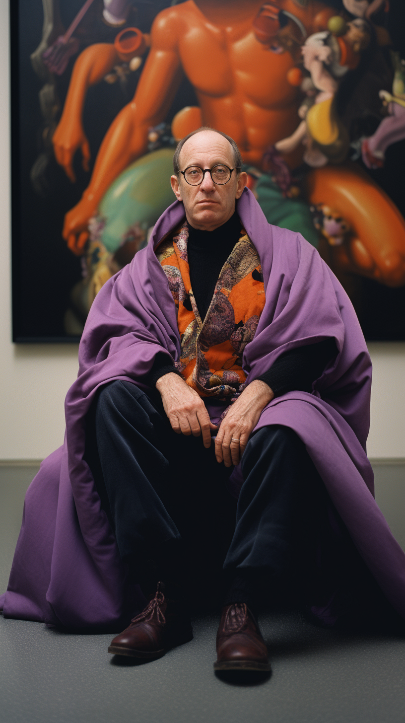 Jerry Saltz appreciating avant-garde artworks with eggplant