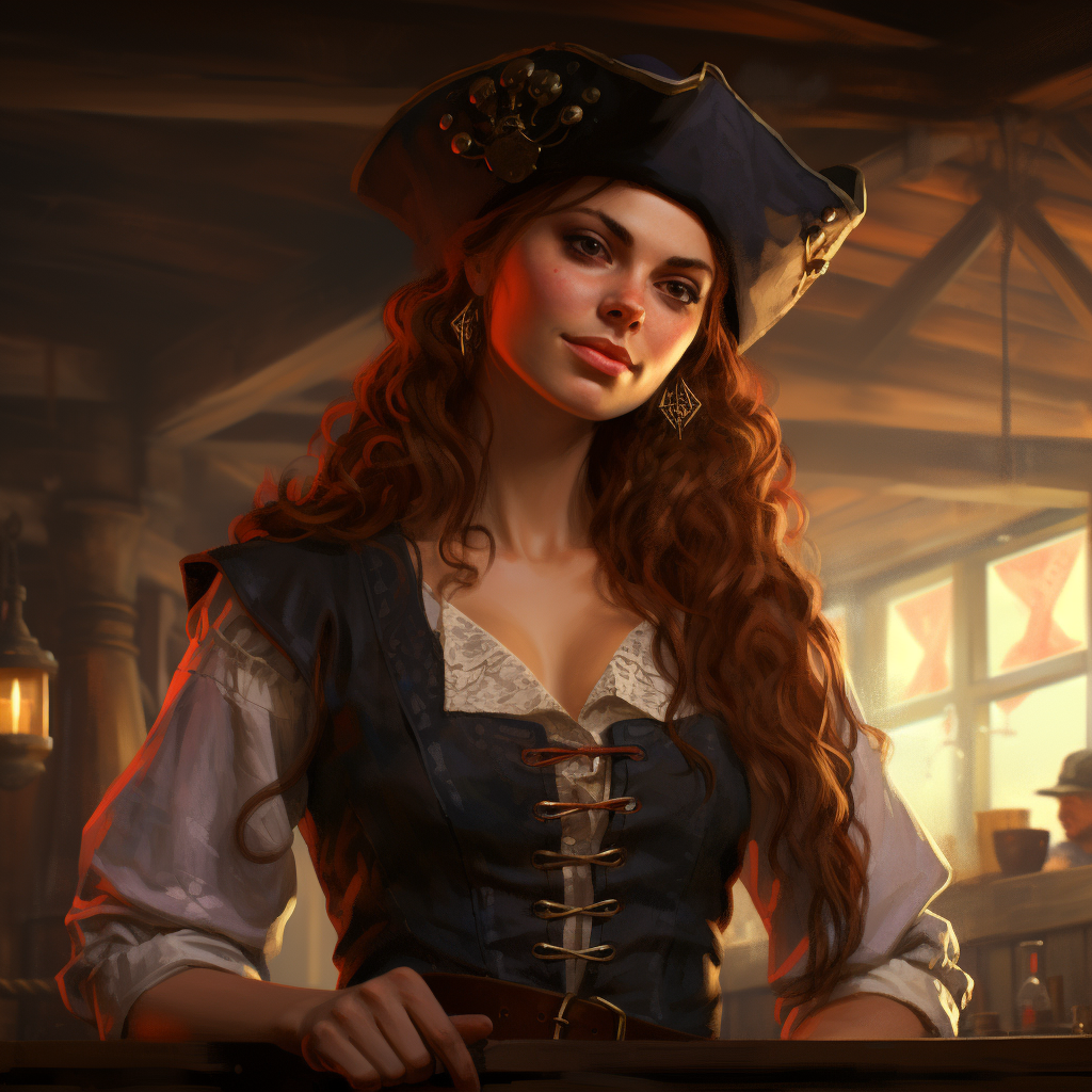 Jessica, the pirate tavern-keeper serving drinks