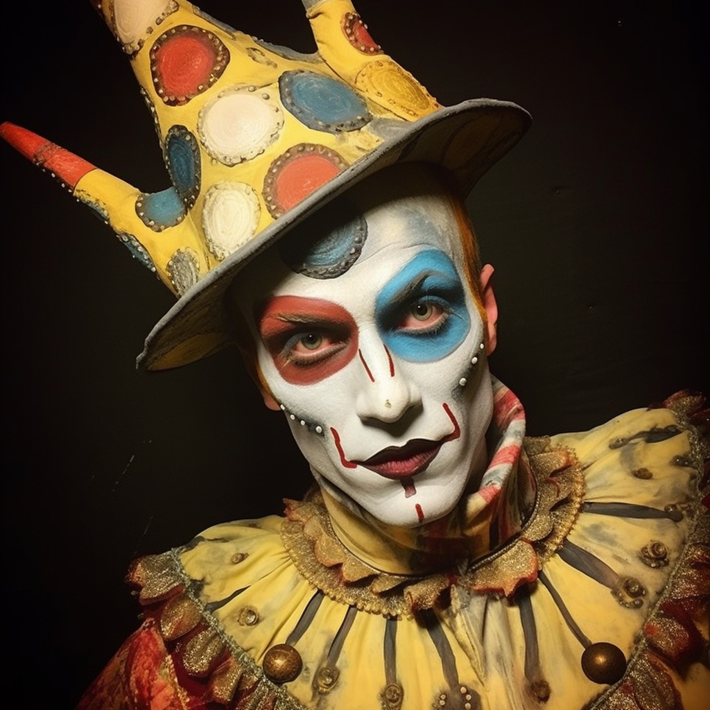 Circus jester with wild eyes