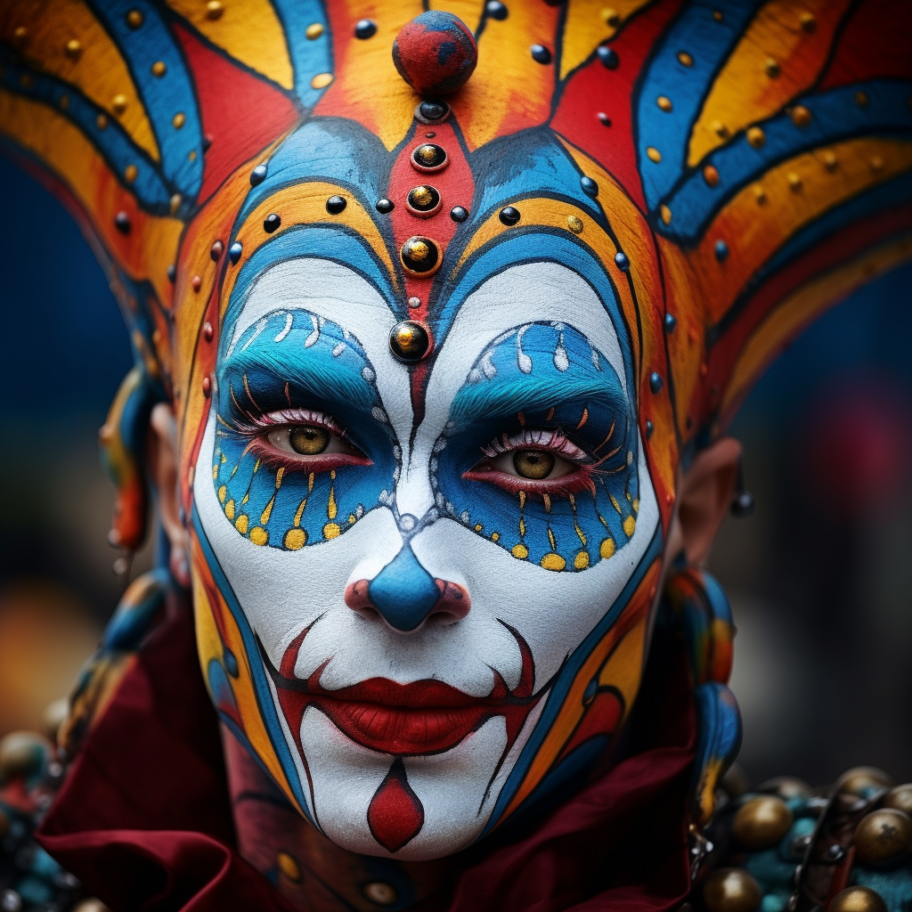 Colorful jester face paint on display