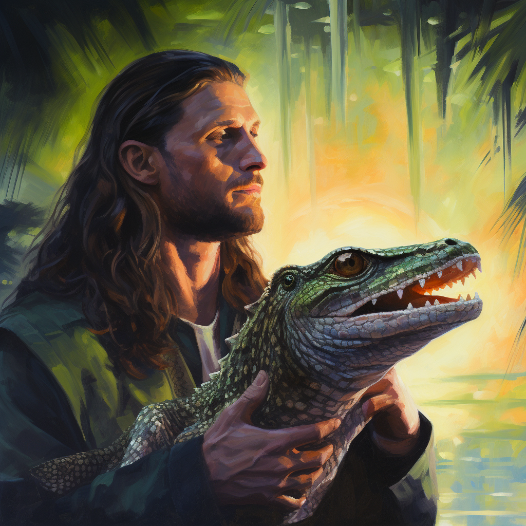 Jesus with Alligator Face Looking for Cam