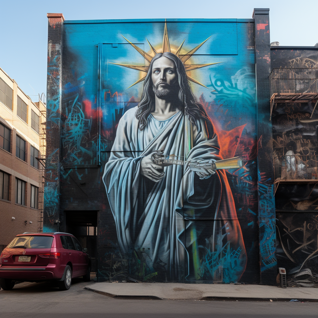 Jesus spray painting 'Pray' on downtown building.