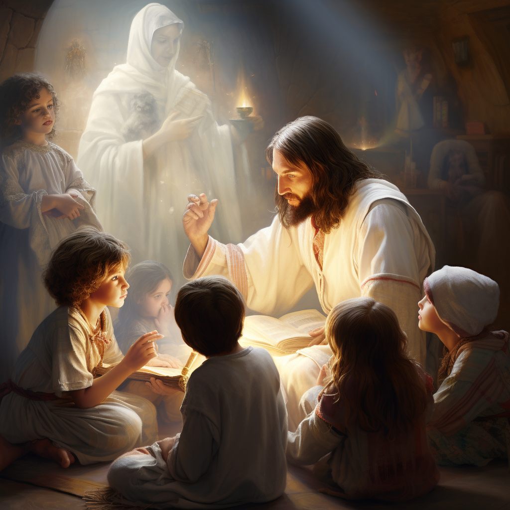 Jesus and children in mysterious atmosphere