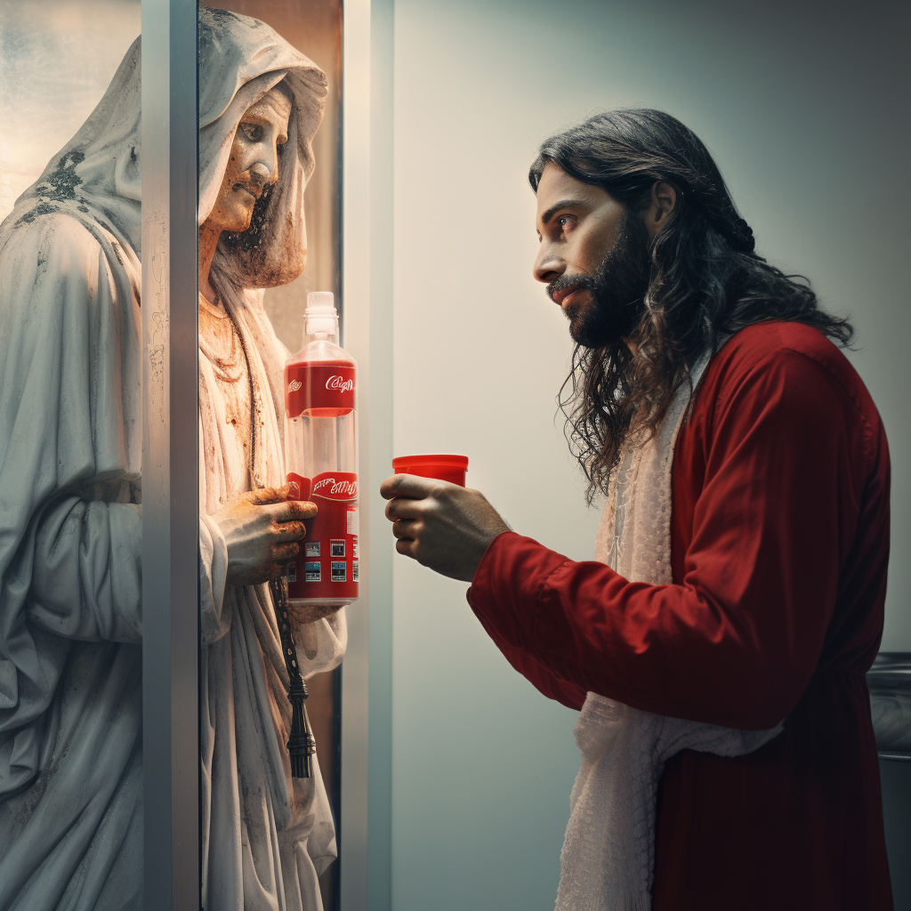 Photorealistic image of Jesus Christ drinking from a Coke vending machine