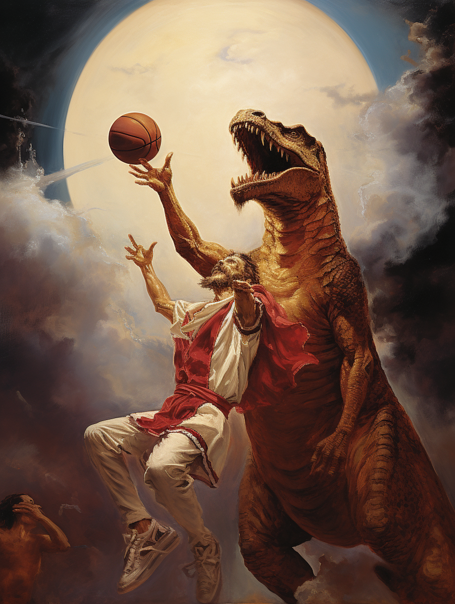 Jesus Christ dunking basketball in Salvador Dali painting