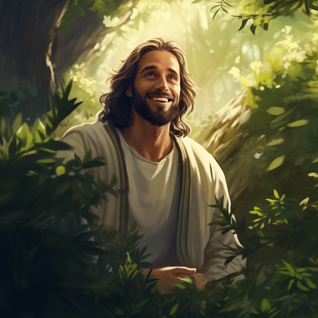 Cartoon depiction of Jesus Christ in a forest.