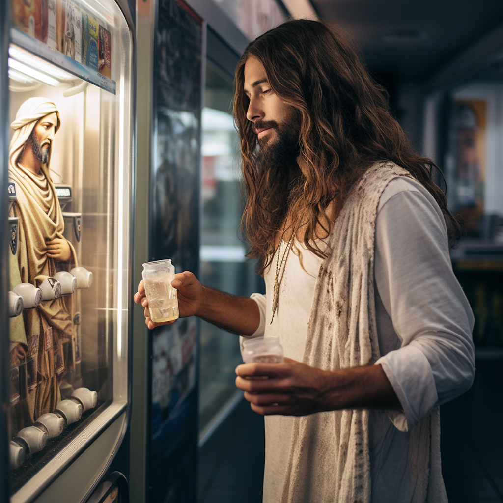 Jesus Christ enjoying a drink from a vending machine