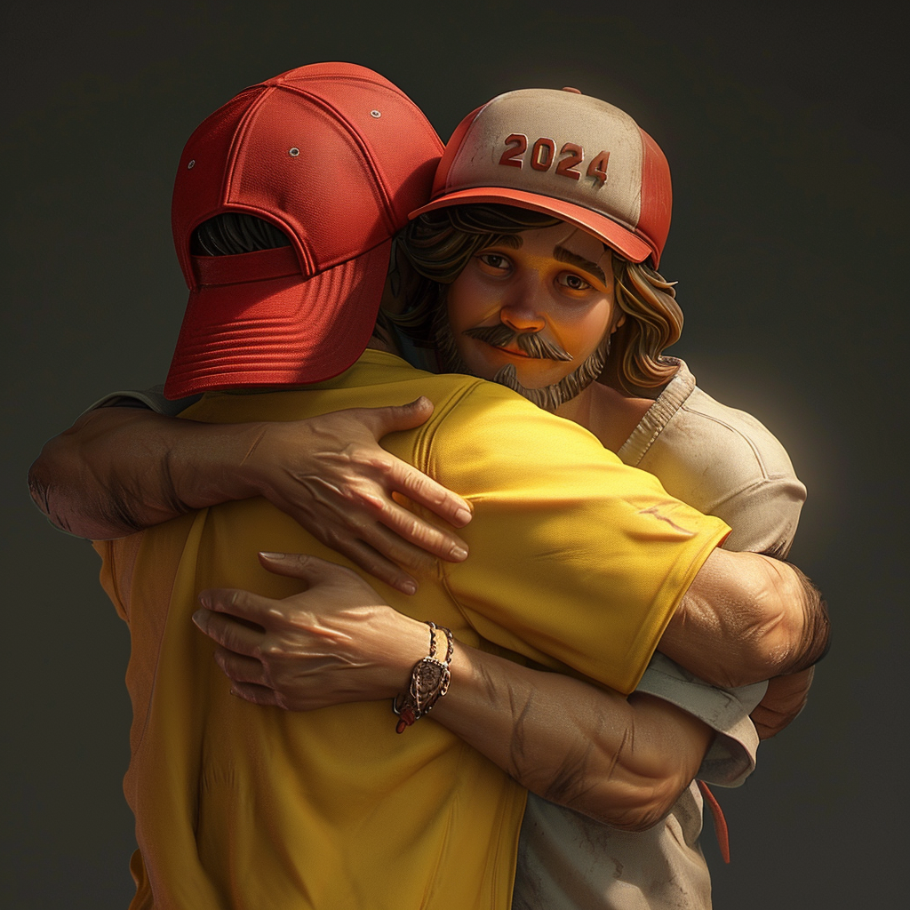 Jesus Christ hugging guy, yellow T-shirt, red cap