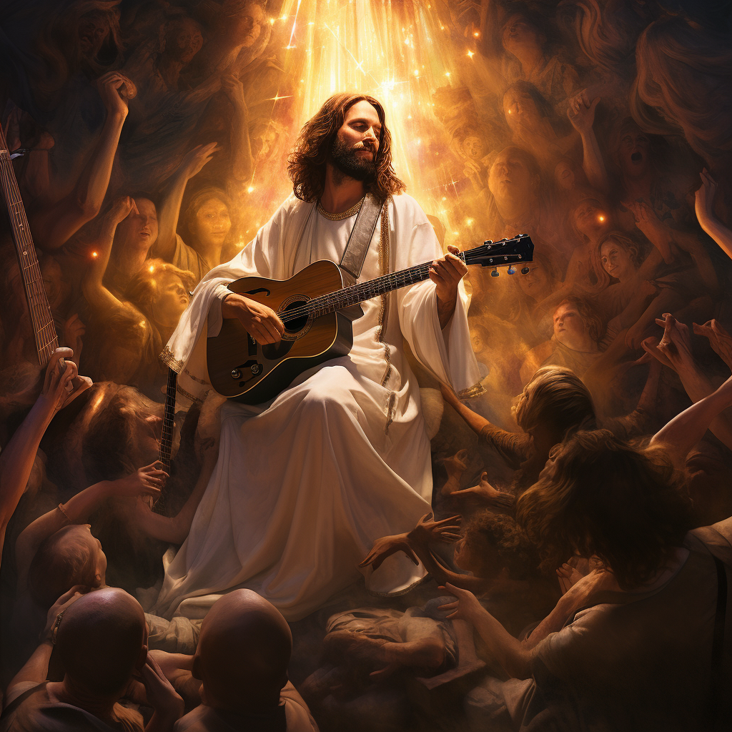 Handsome Jesus Christ playing electric guitar in a band