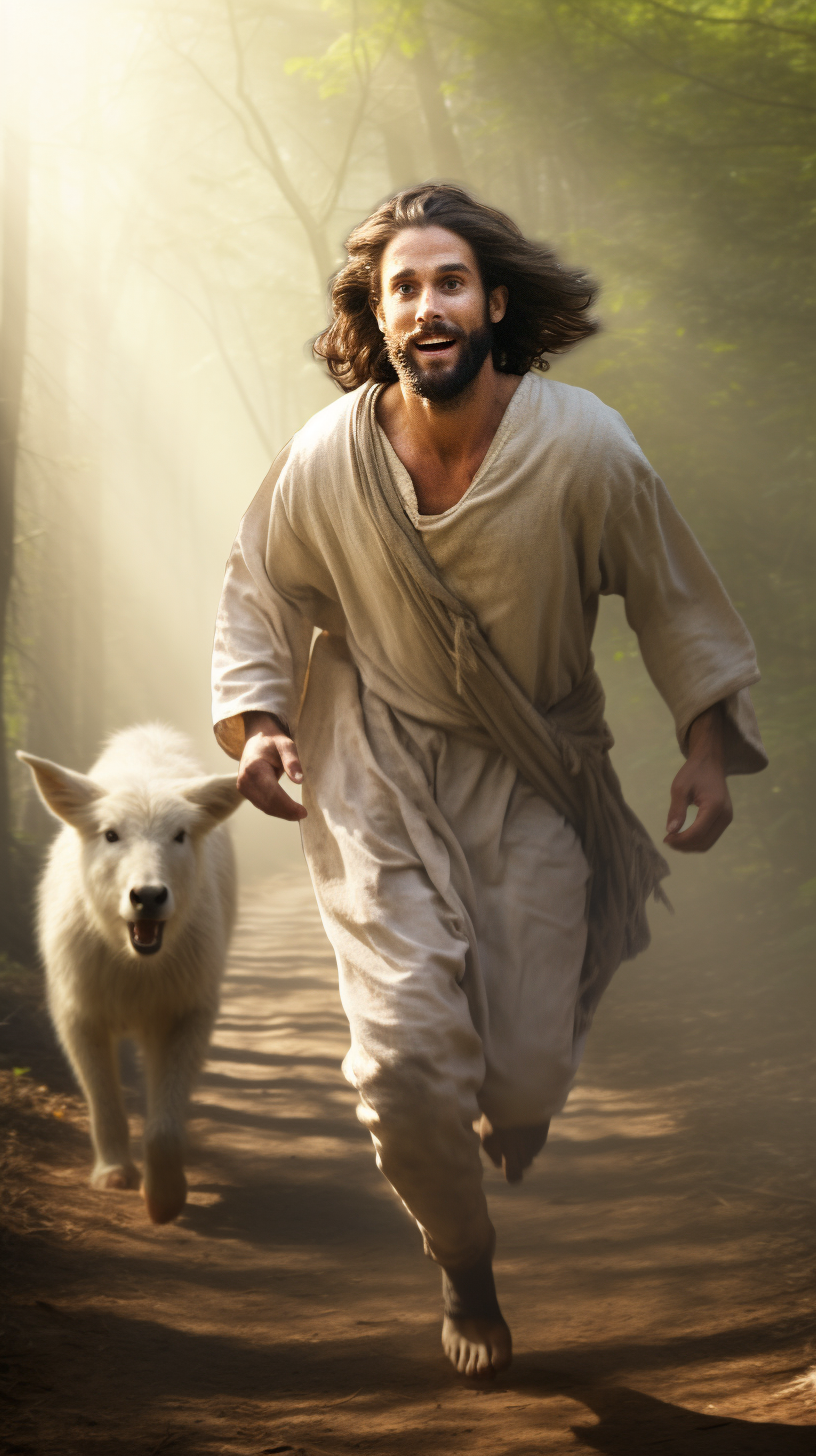 Jesus Christ running after a lost sheep