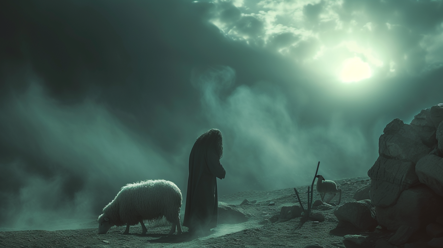 Jesus Christ saving lost sheep in dark fantasy desert