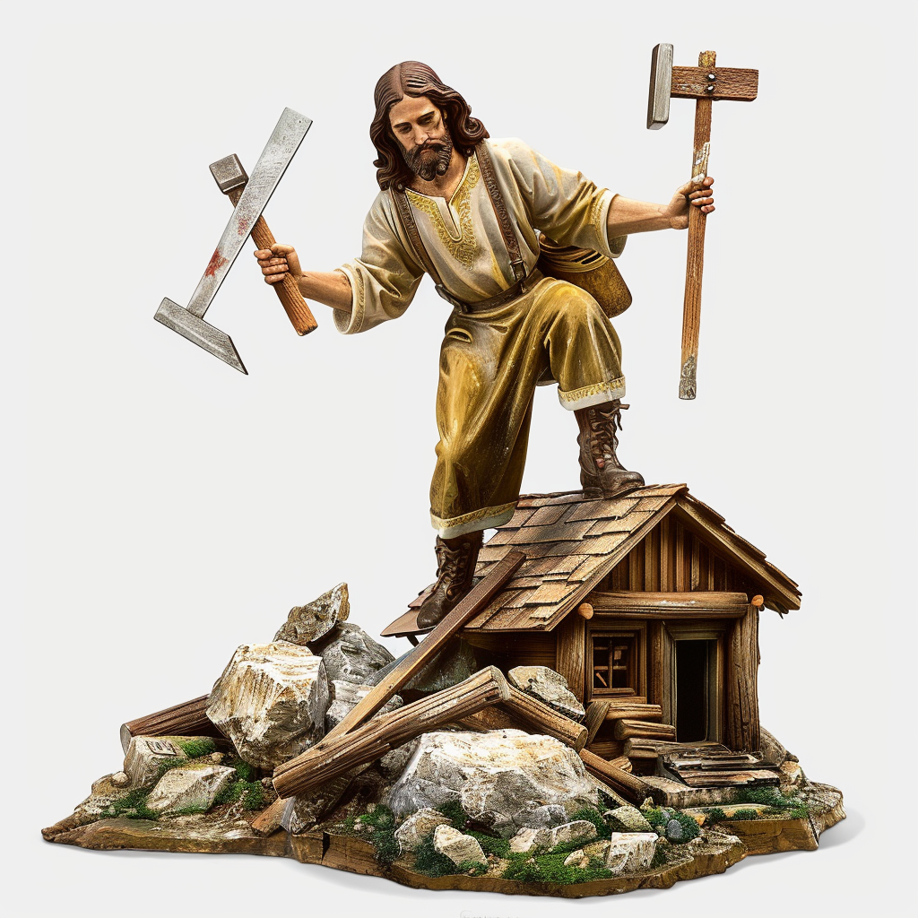 Jesus construction worker hammering a house