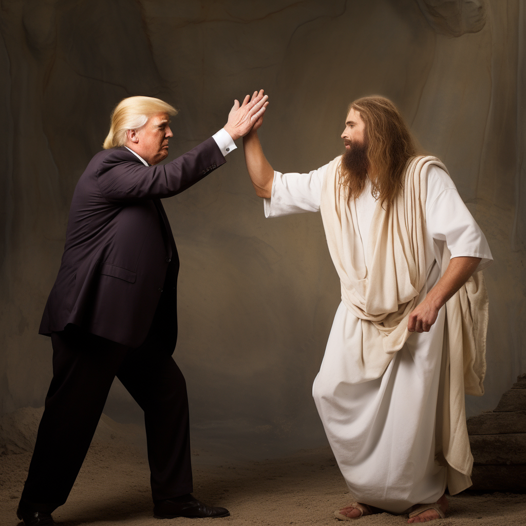 Jesus and Donald Trump high-five while laughing