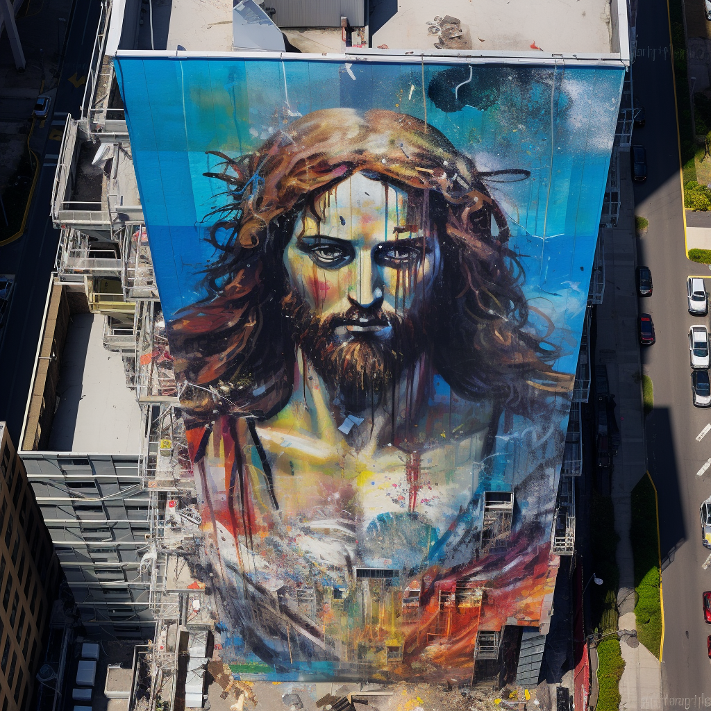 Graffiti art of Jesus on a skyscraper